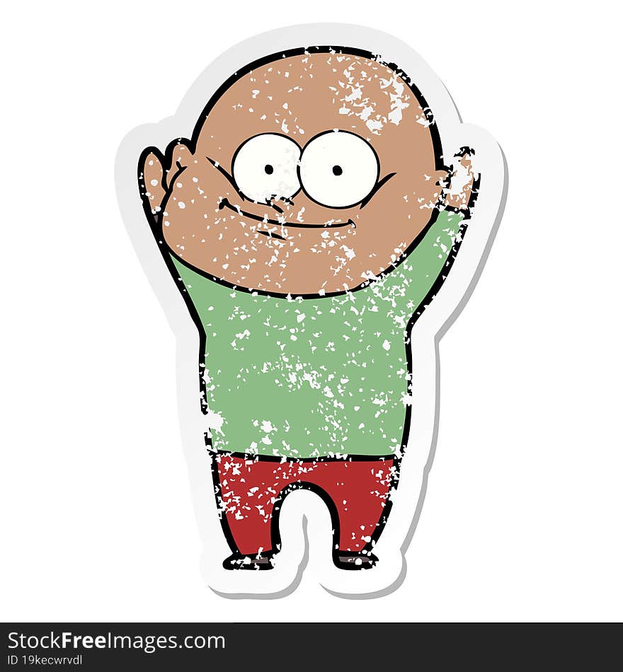 distressed sticker of a cartoon bald man staring