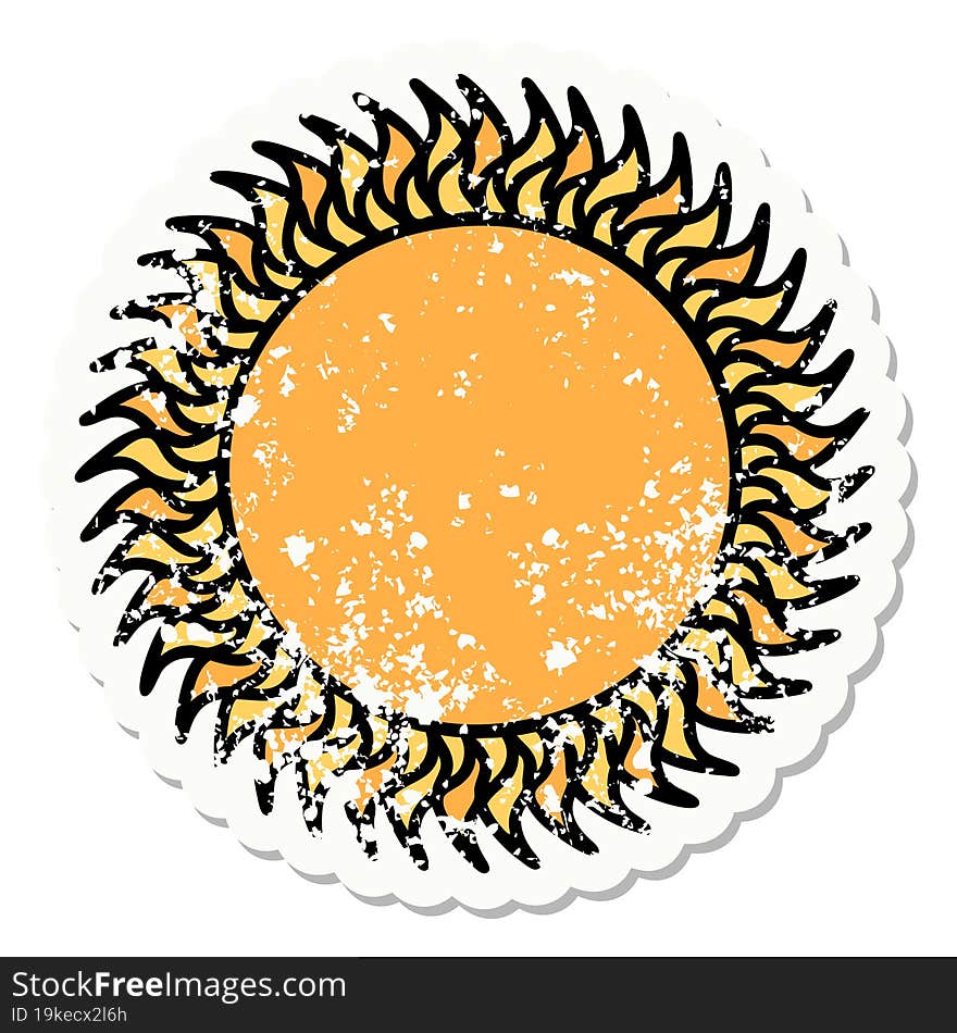 Traditional Distressed Sticker Tattoo Of A Sun