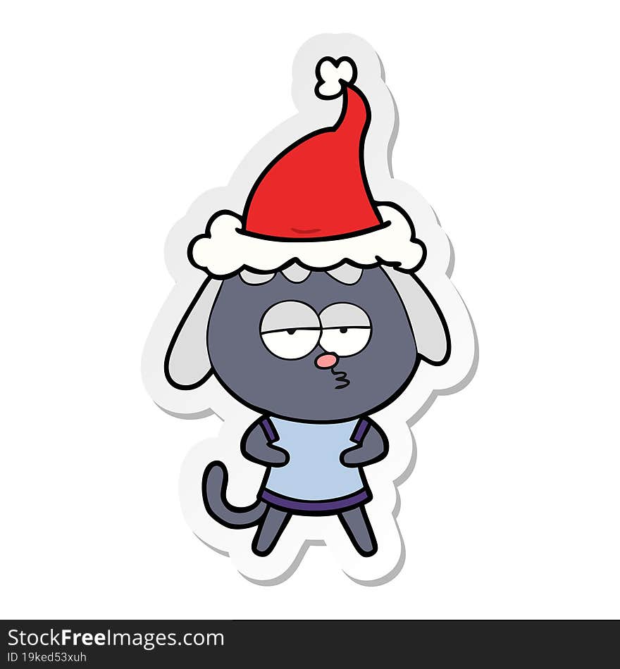 sticker cartoon of a bored dog wearing santa hat