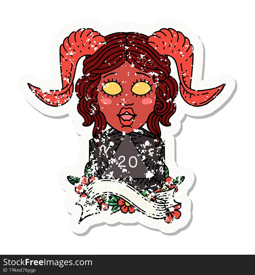 tiefling with natural twenty dice roll grunge sticker