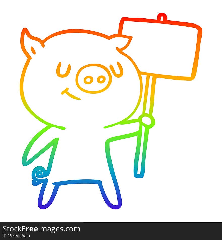 rainbow gradient line drawing of a happy cartoon pig with placard