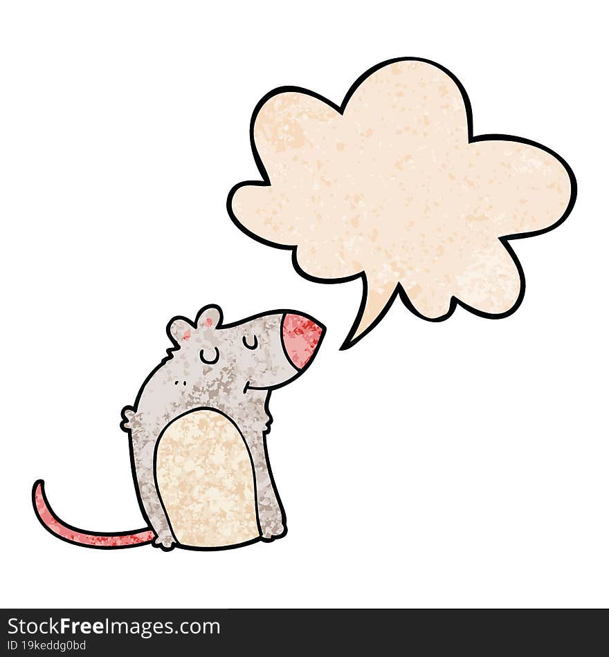 cartoon fat rat with speech bubble in retro texture style