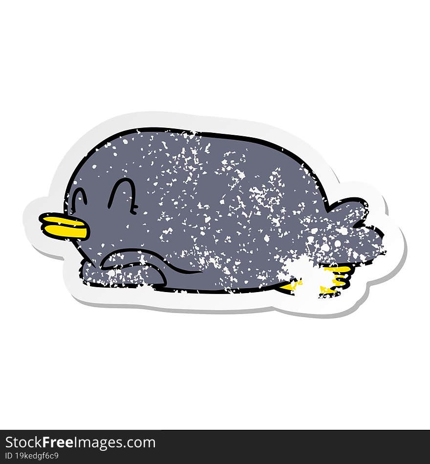 distressed sticker of a penguin lying on belly