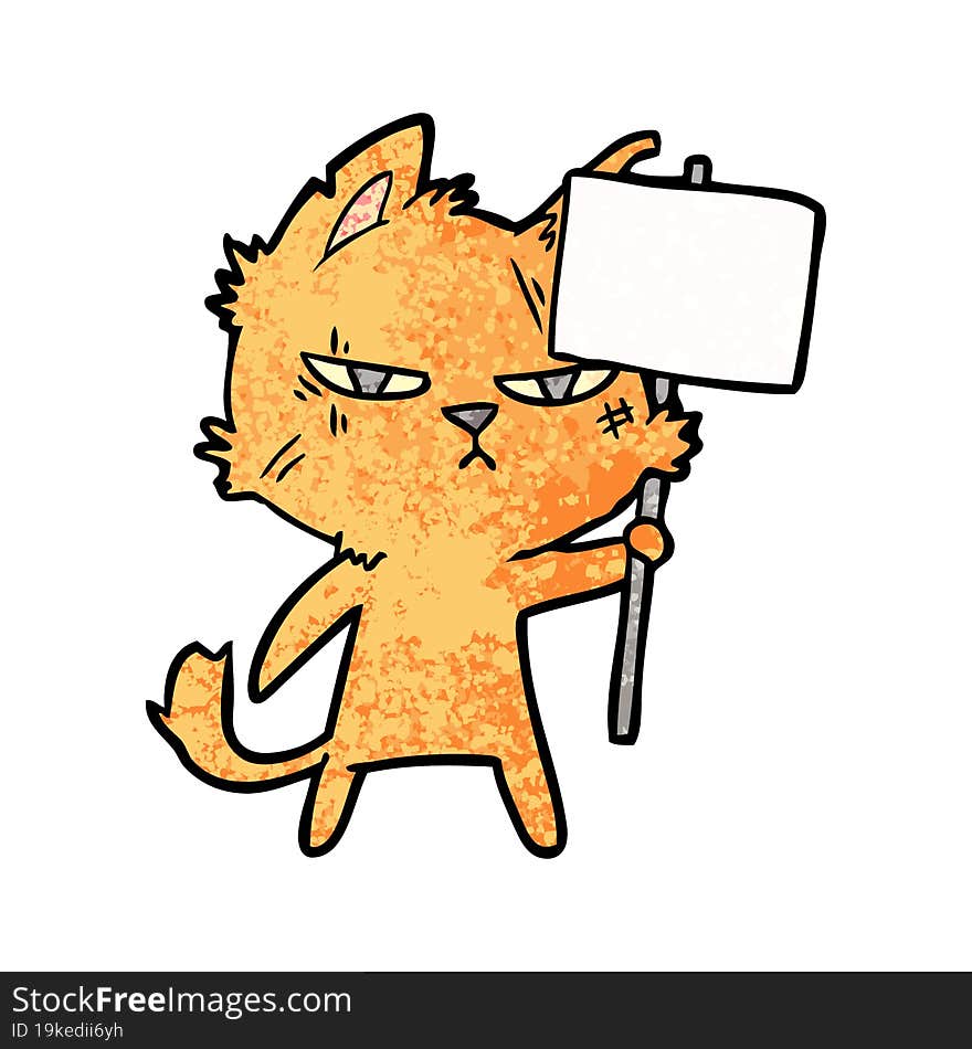 tough cartoon cat with protest sign. tough cartoon cat with protest sign