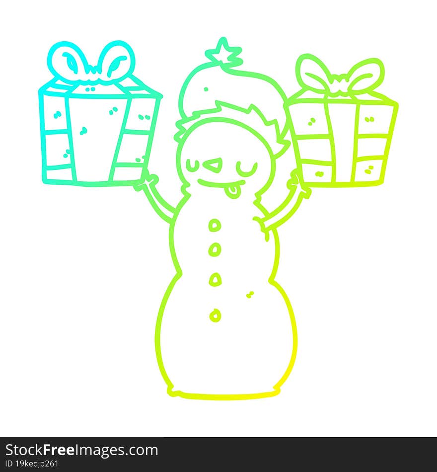 cold gradient line drawing of a cartoon snowman with present