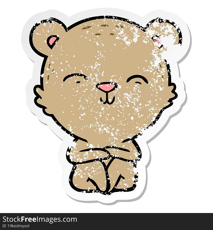 distressed sticker of a happy cartoon bear sitting