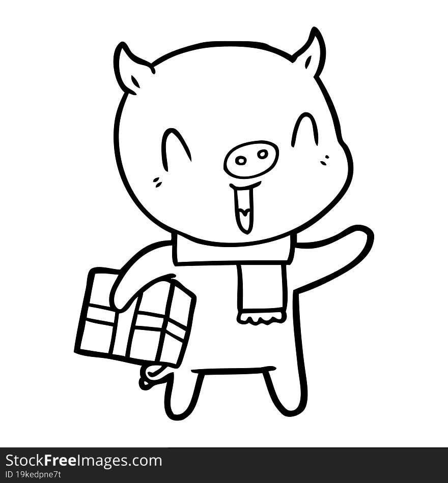 happy cartoon pig with xmas present. happy cartoon pig with xmas present