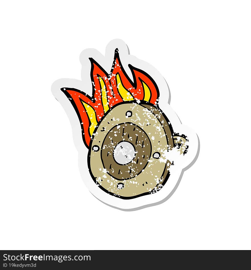 retro distressed sticker of a cartoon burning shield