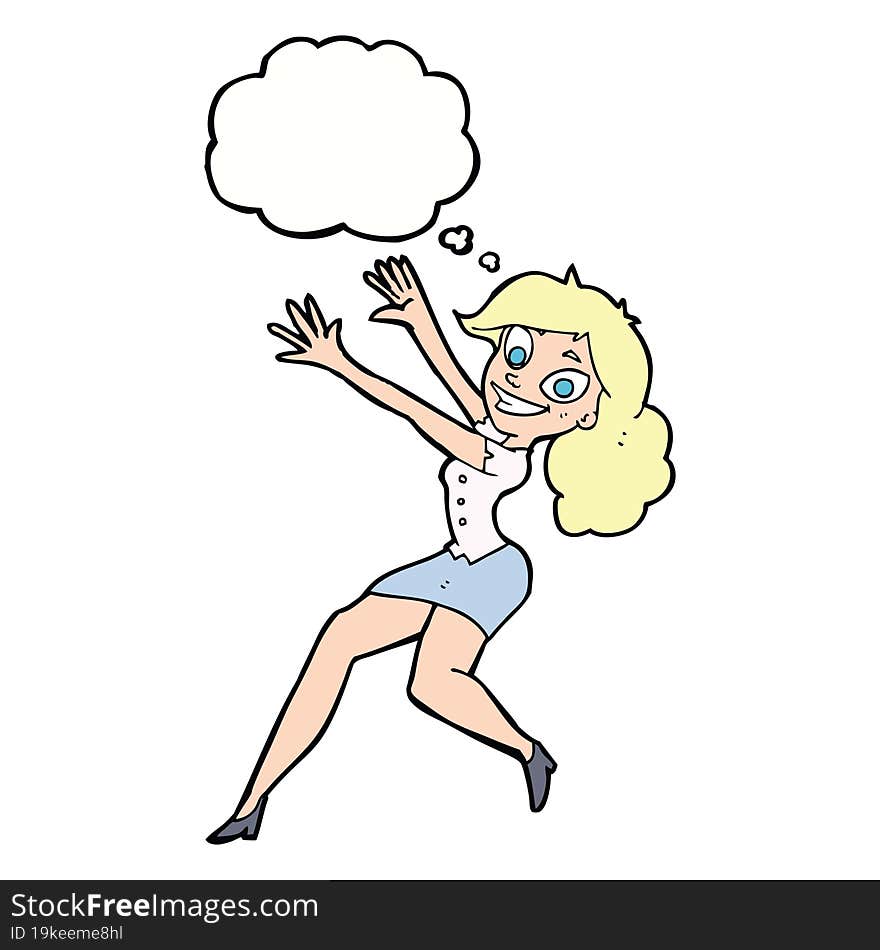 cartoon happy woman jumping with thought bubble