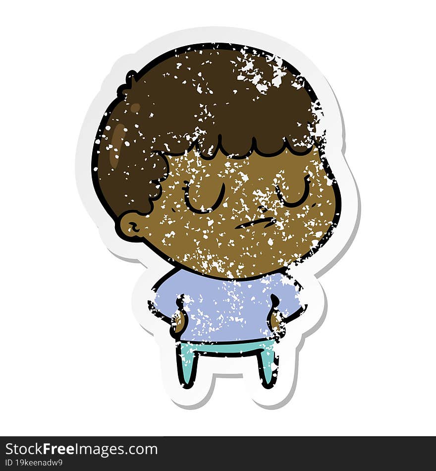 distressed sticker of a cartoon grumpy boy