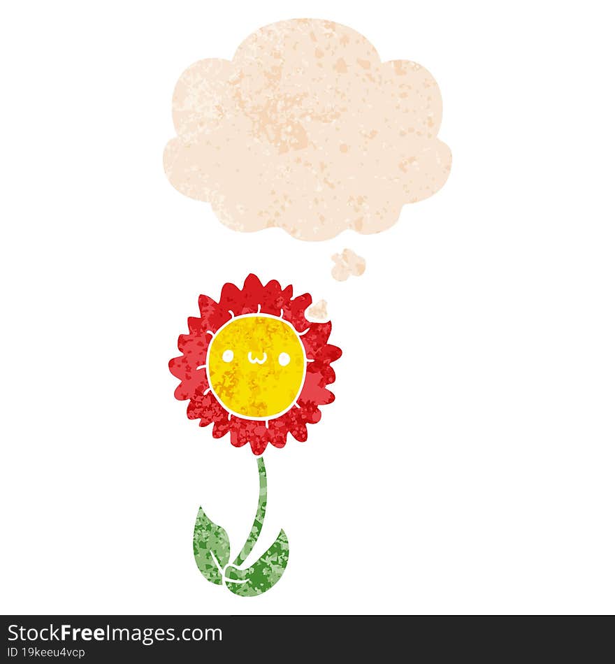 cartoon flower and thought bubble in retro textured style