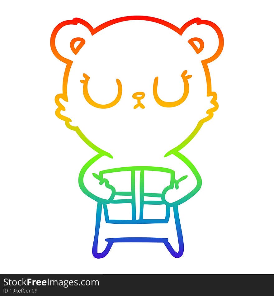 rainbow gradient line drawing peaceful cartoon bear with present