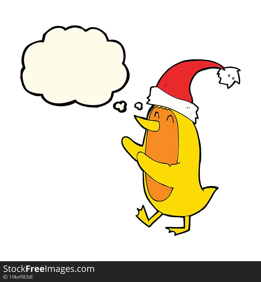 Cartoon Bird Wearing Xmas Hat With Thought Bubble