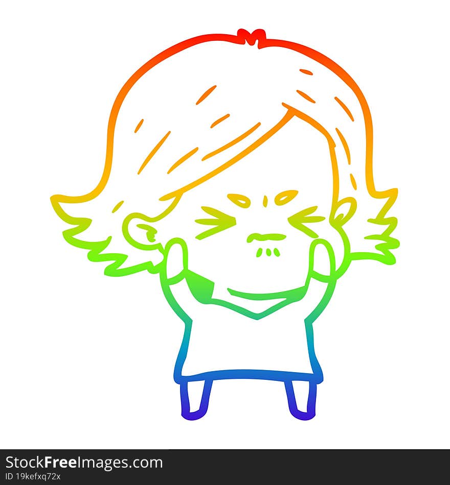 rainbow gradient line drawing of a cartoon angry woman