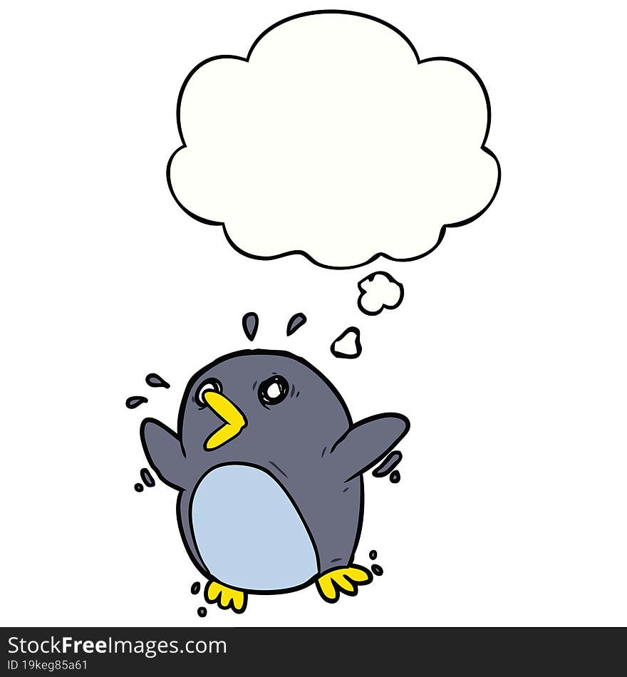 cartoon frightened penguin and thought bubble