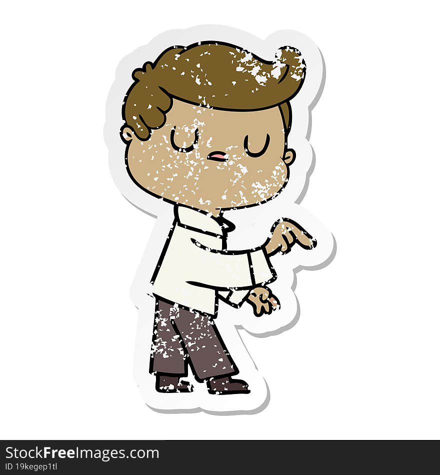 Distressed Sticker Of A Cartoon Aloof Man Pointing Finger