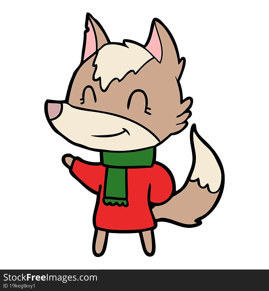 friendly cartoon wolf in winter clothes. friendly cartoon wolf in winter clothes