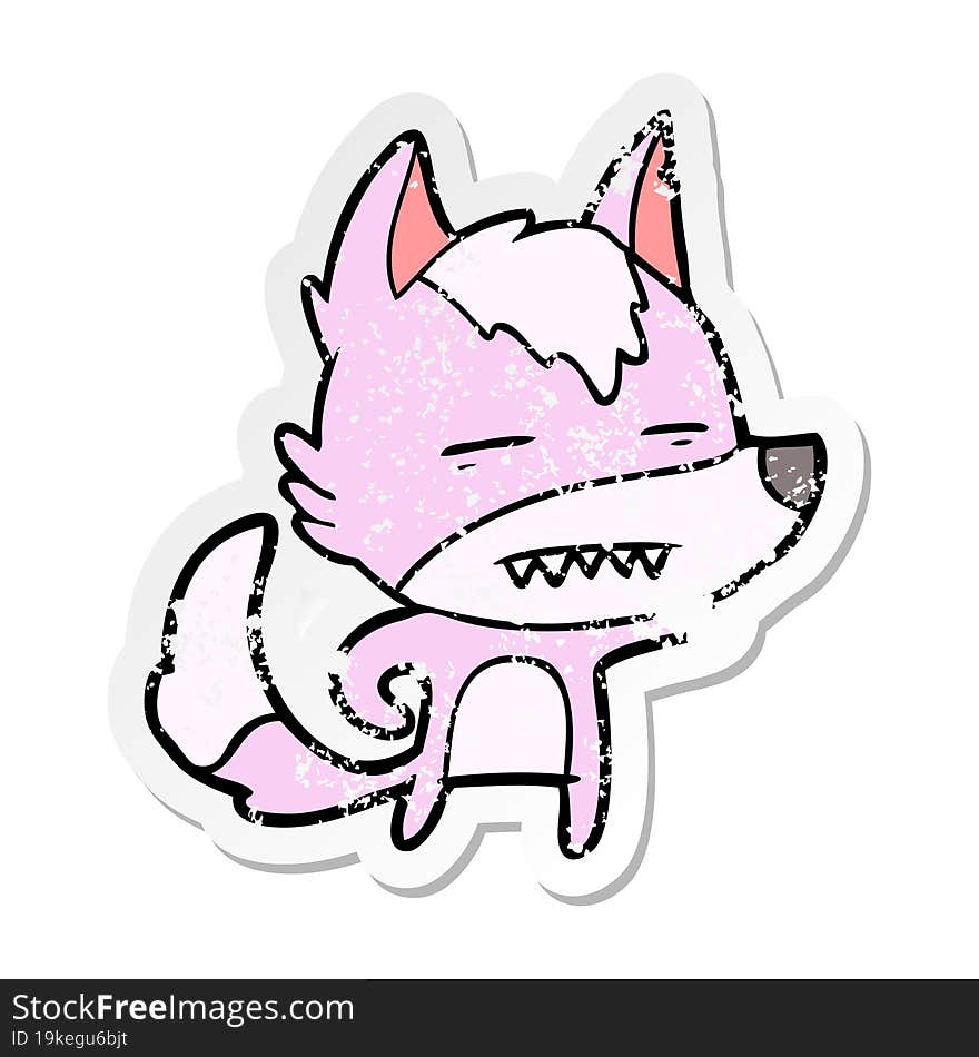 distressed sticker of a cartoon wolf showing teeth