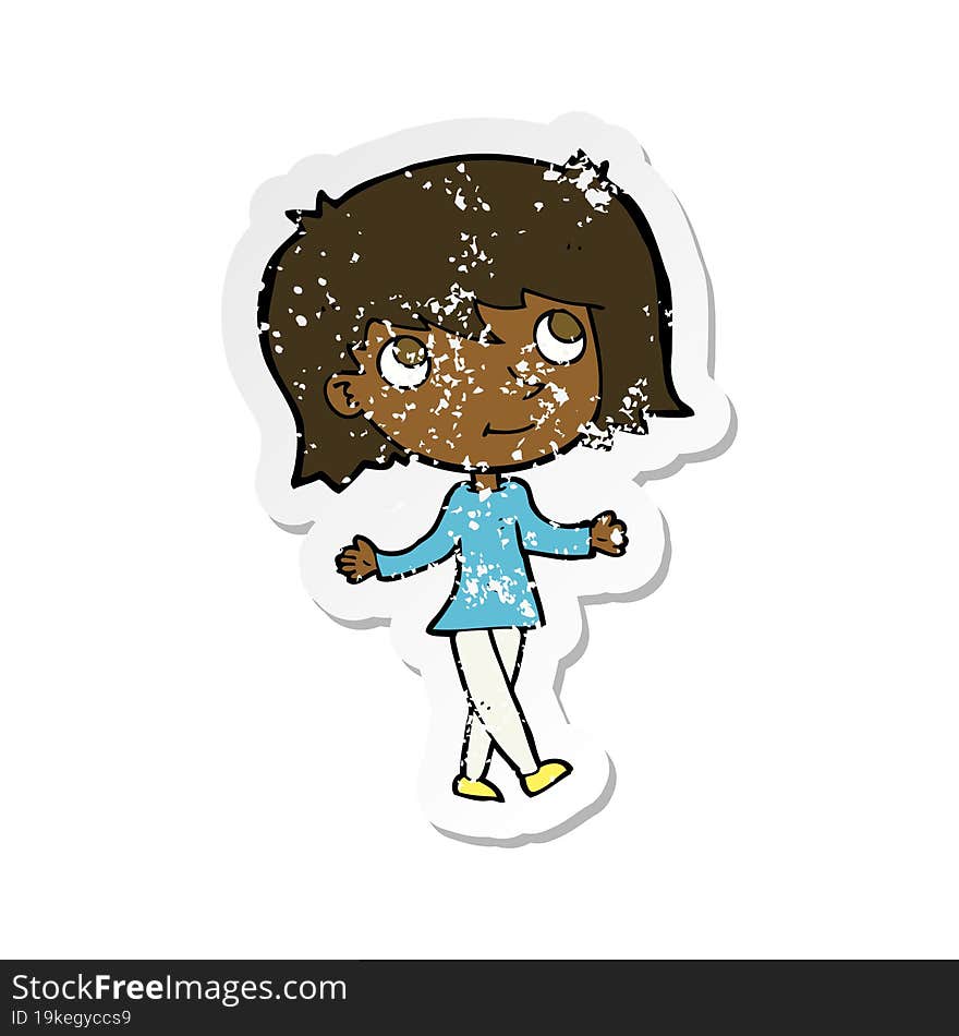 retro distressed sticker of a cartoon girl with no worries