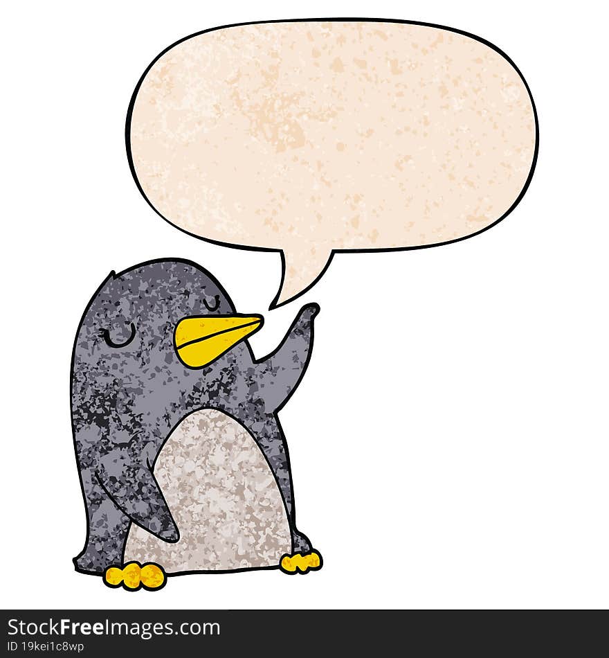 cartoon penguin and speech bubble in retro texture style