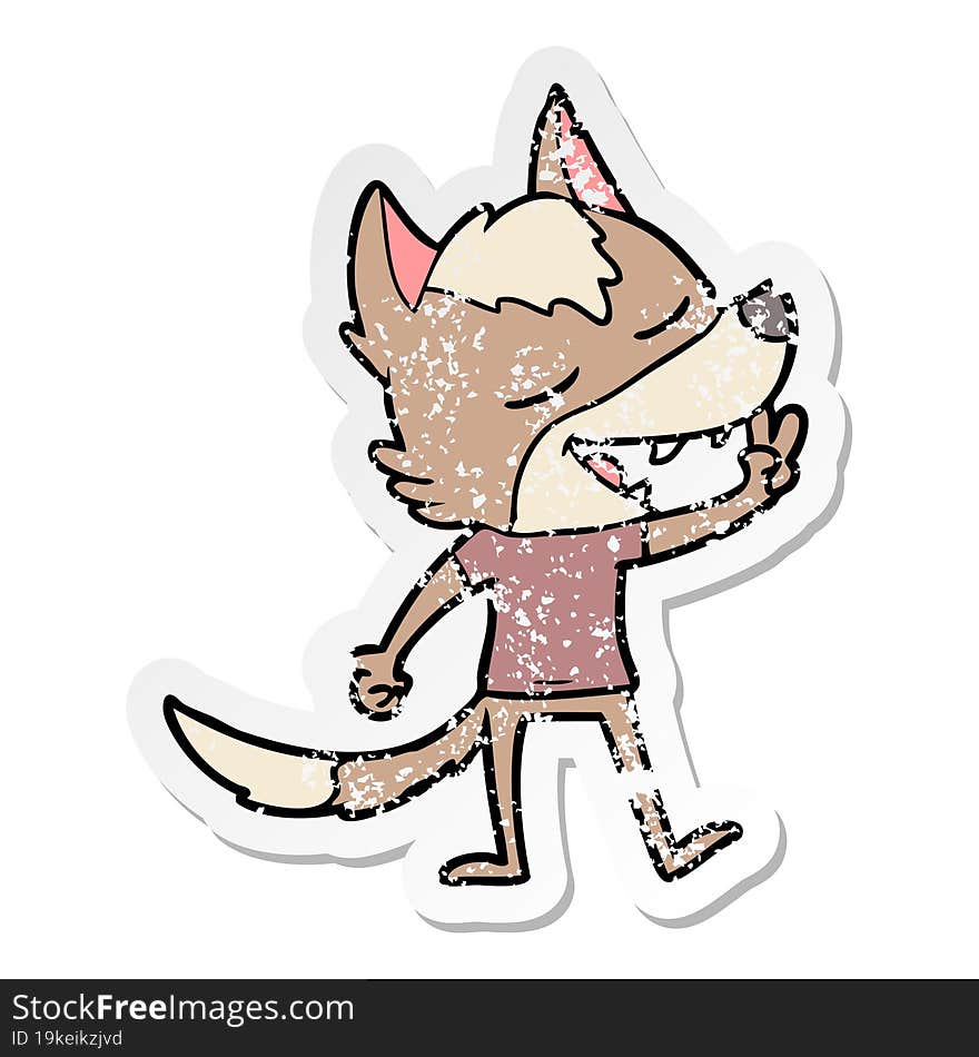 distressed sticker of a cartoon wolf giving peace sign