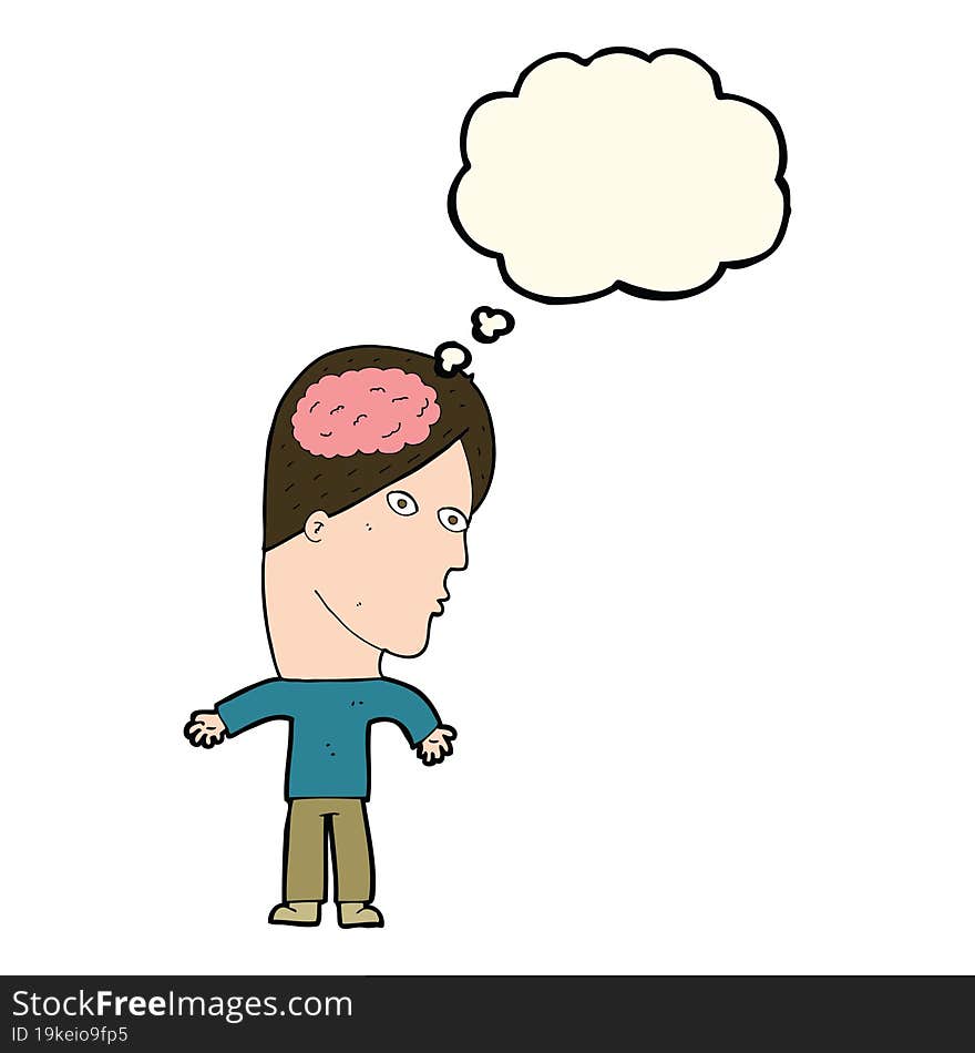 cartoon man with brain symbol with thought bubble