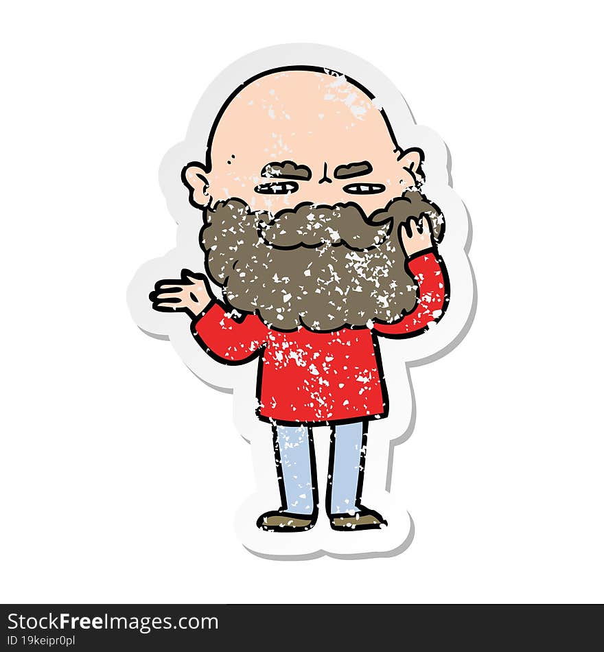 distressed sticker of a cartoon man with beard frowning