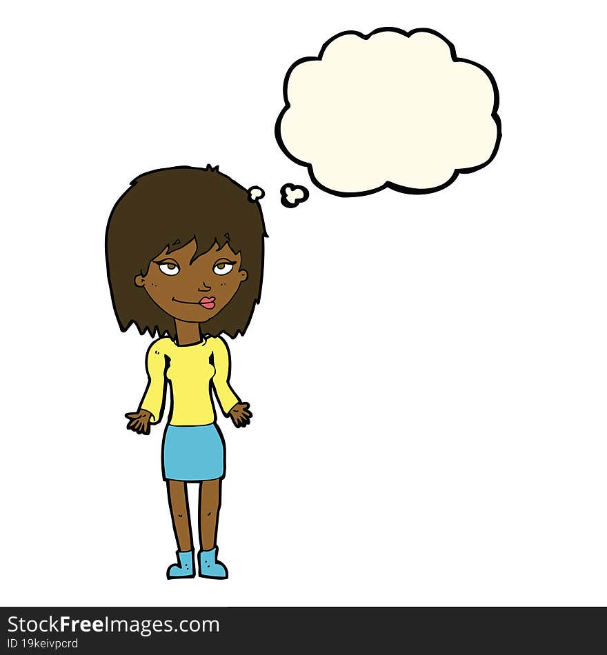 cartoon woman shrugging shoulders with thought bubble