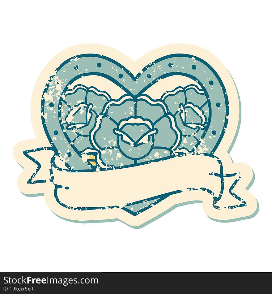 iconic distressed sticker tattoo style image of a heart and banner with flowers. iconic distressed sticker tattoo style image of a heart and banner with flowers