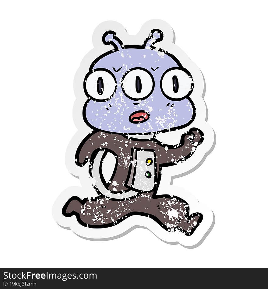 Distressed Sticker Of A Cartoon Three Eyed Alien