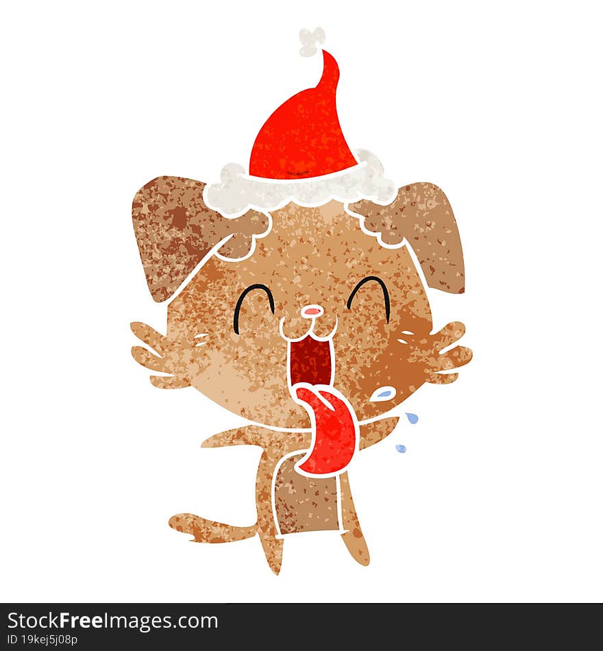 retro cartoon of a panting dog wearing santa hat