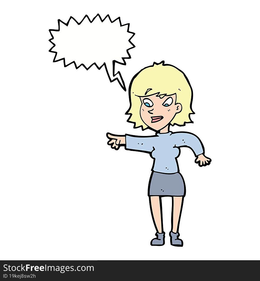 cartoon woman pointing with speech bubble