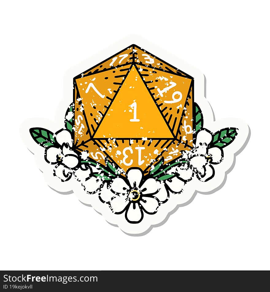 Natural One Dice Roll With Floral Elements Grunge Sticker