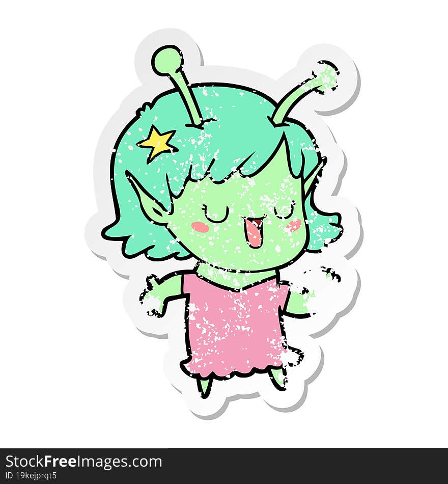 distressed sticker of a happy alien girl cartoon