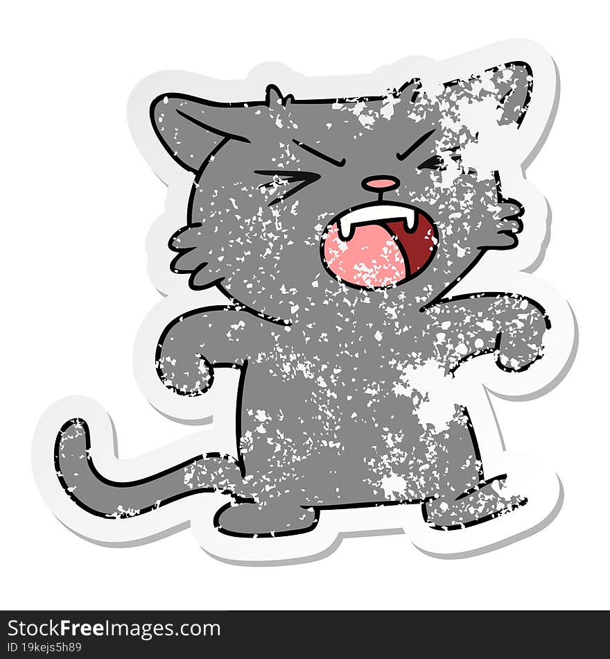 distressed sticker cartoon doodle of a screeching cat