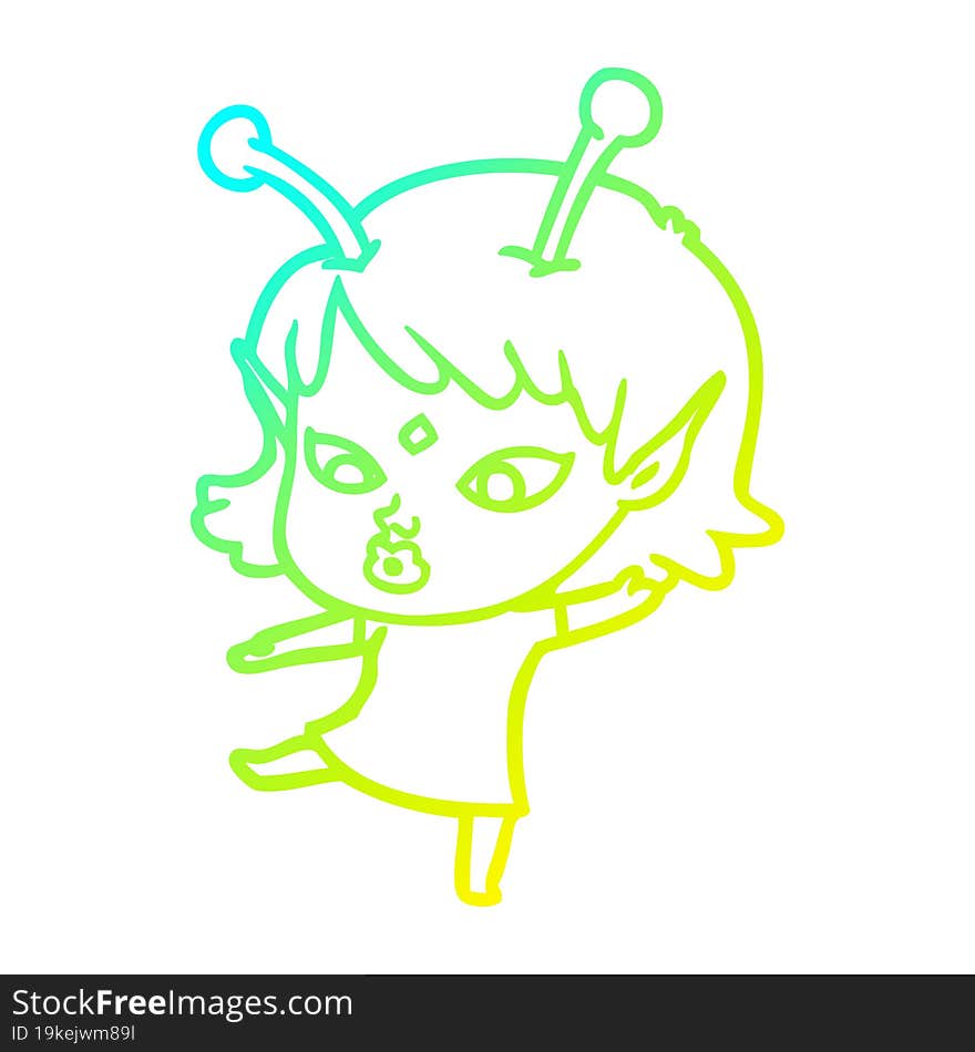 cold gradient line drawing pretty cartoon alien girl