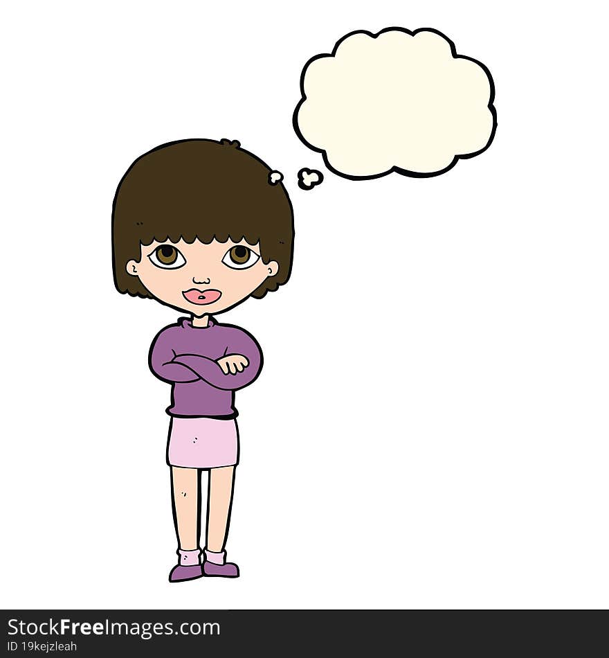 cartoon woman with folded arms with thought bubble