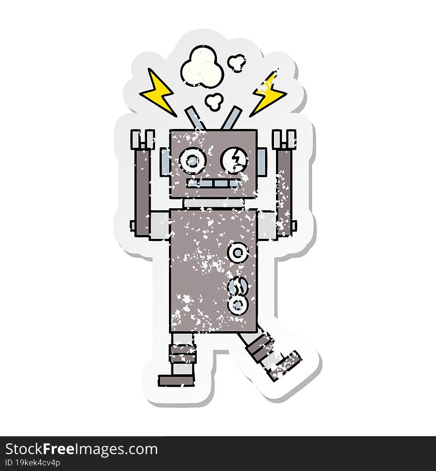 distressed sticker of a cute cartoon malfunctioning robot