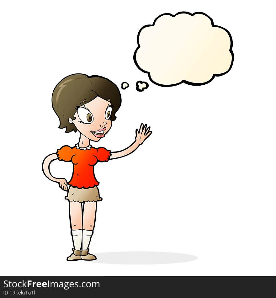 cartoon waving woman with thought bubble