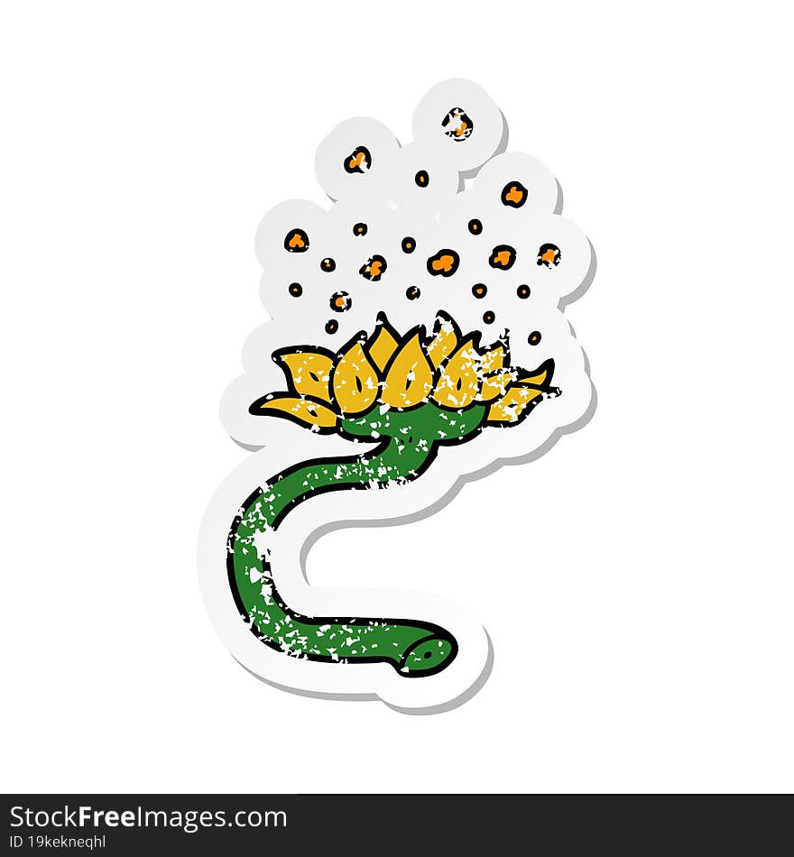 distressed sticker of a cartoon flower releasing pollen