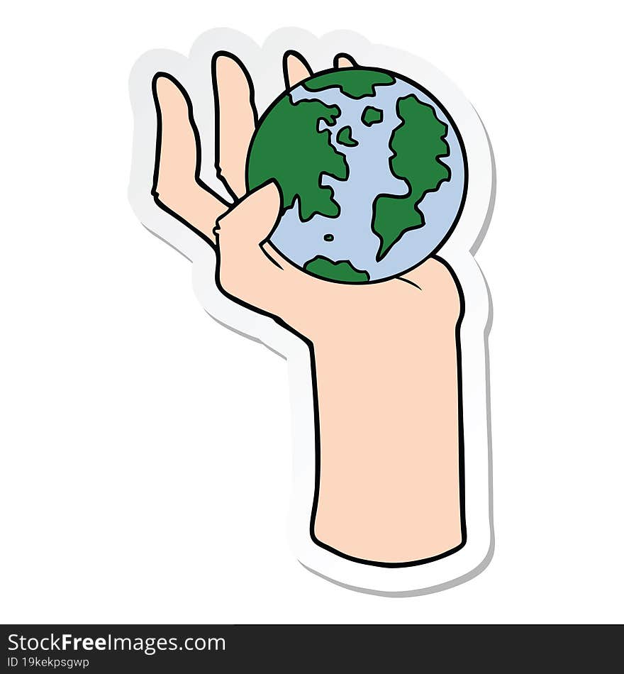 Sticker Of A Cartoon Hand Holding Whole Earth