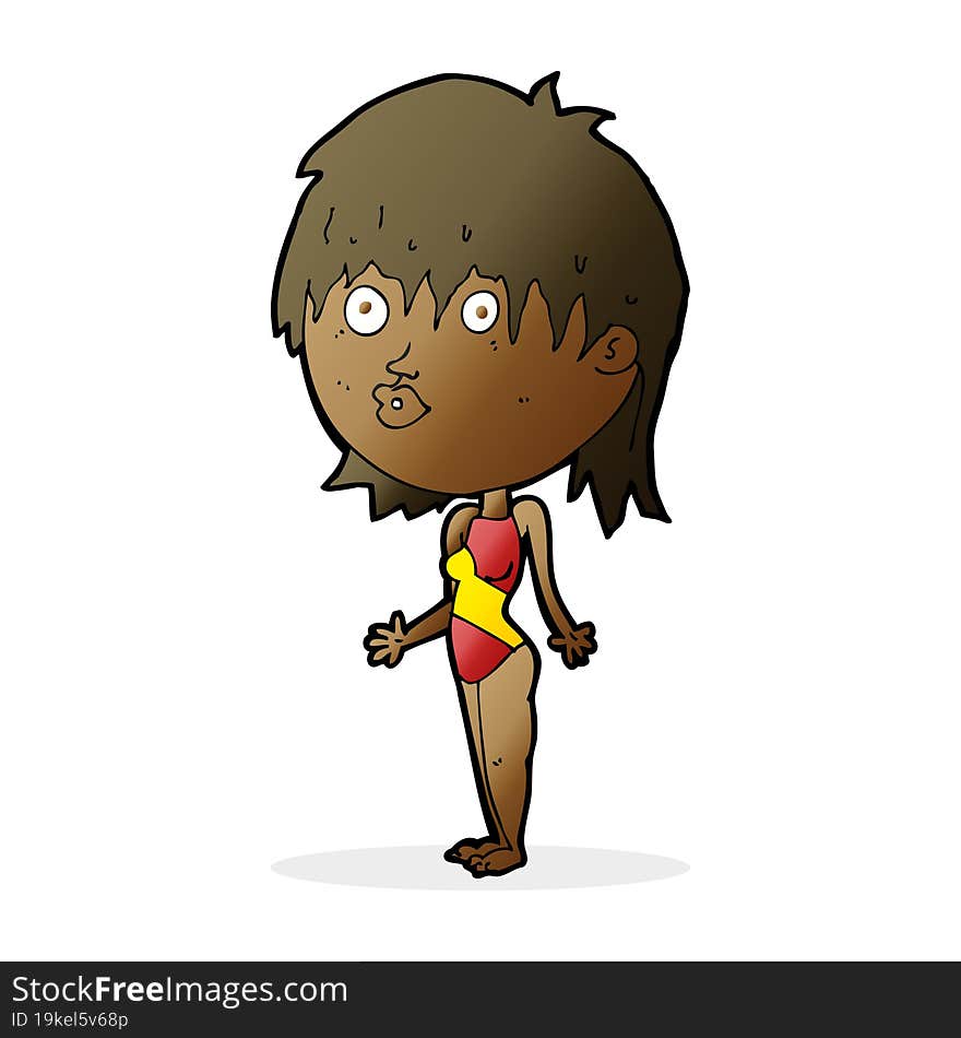 cartoon woman in swimsuit shrugging shoulders