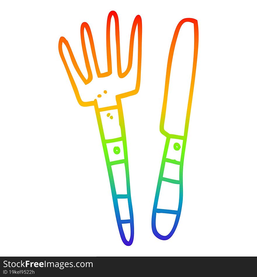 rainbow gradient line drawing cartoon knife and fork