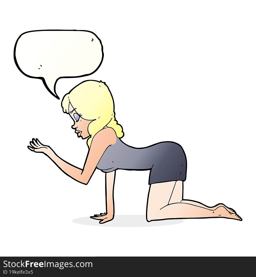 cartoon woman on all fours with speech bubble