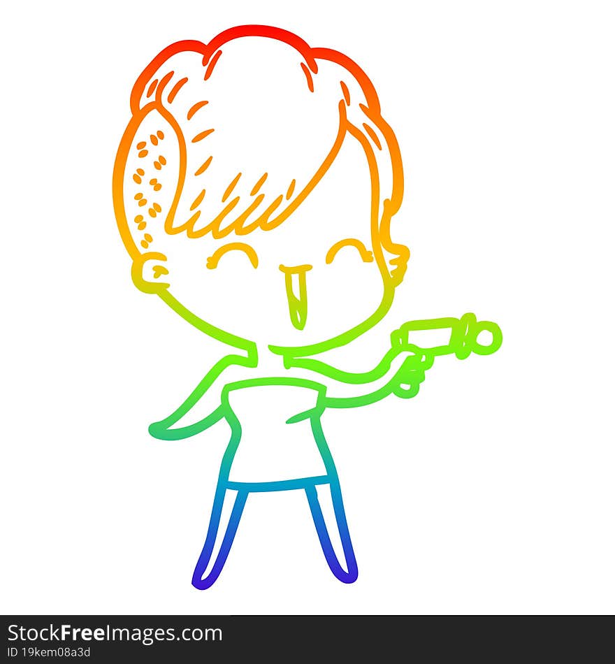 Rainbow Gradient Line Drawing Cartoon Happy Hipster Girl