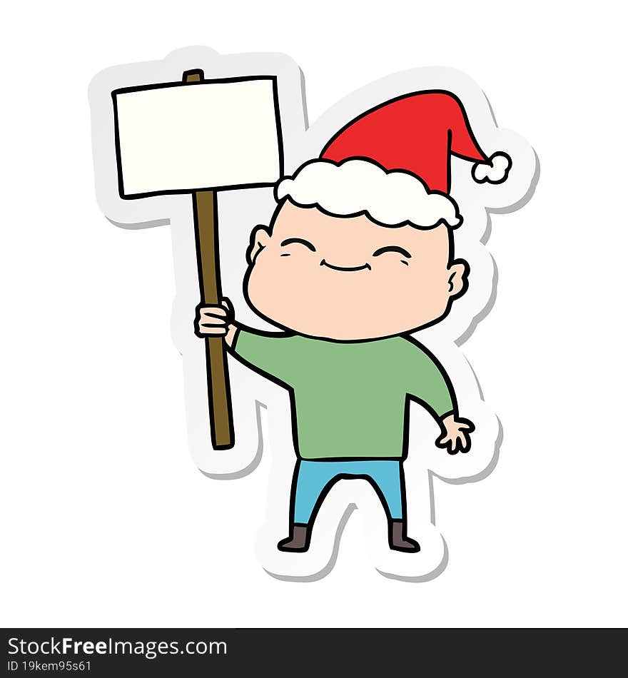 Happy Sticker Cartoon Of A Bald Man Wearing Santa Hat