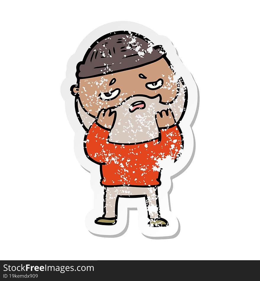 distressed sticker of a cartoon worried man with beard