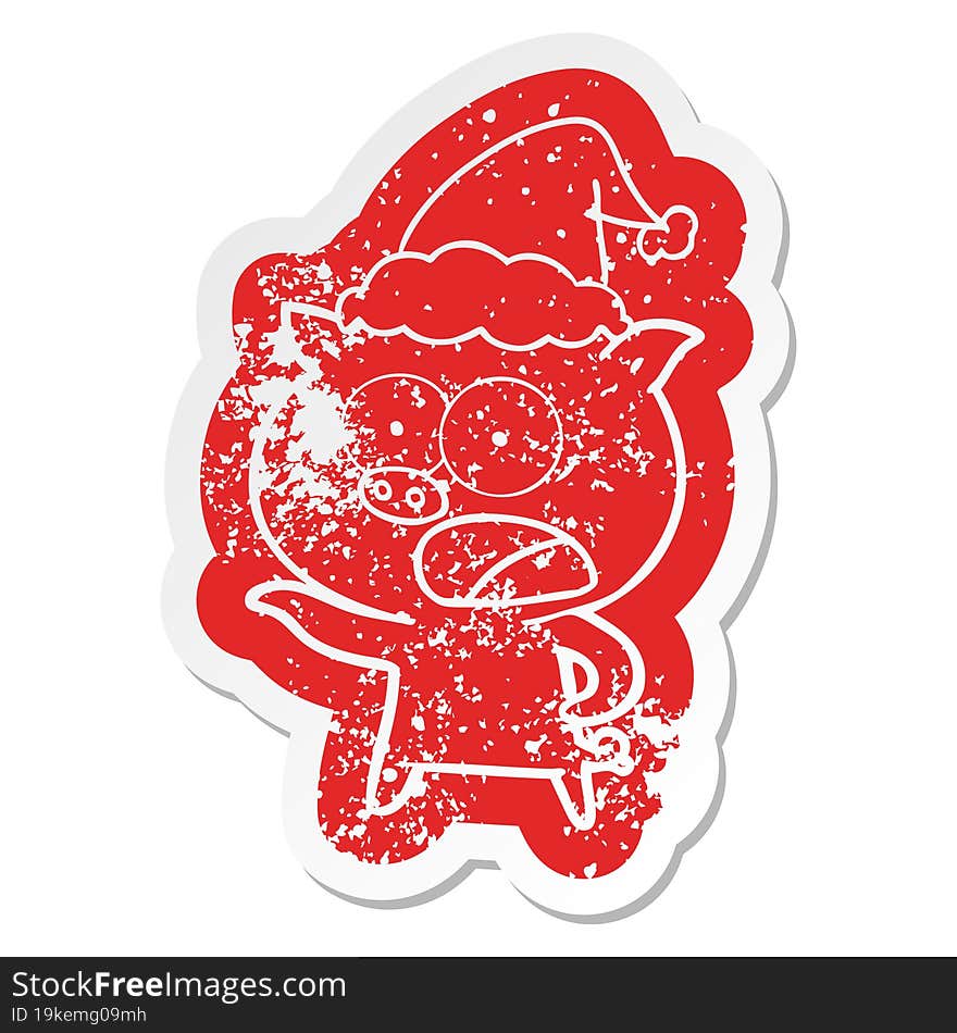 Cartoon Distressed Sticker Of A Pig Shouting Wearing Santa Hat