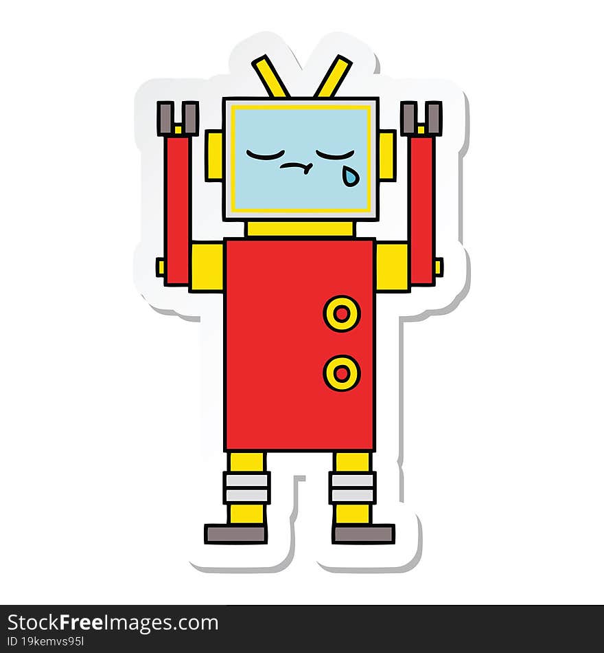 sticker of a cute cartoon crying robot