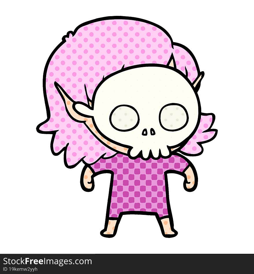 happy cartoon elf girl wearing skull mask. happy cartoon elf girl wearing skull mask